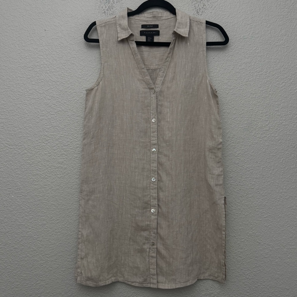 Tahari 100% Hemp Button Front Sleeveless Tunic Top Beige‎ Size XS